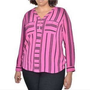 Notations Women's Red with Black Stripe Zip Front Long Sleeve Blouse